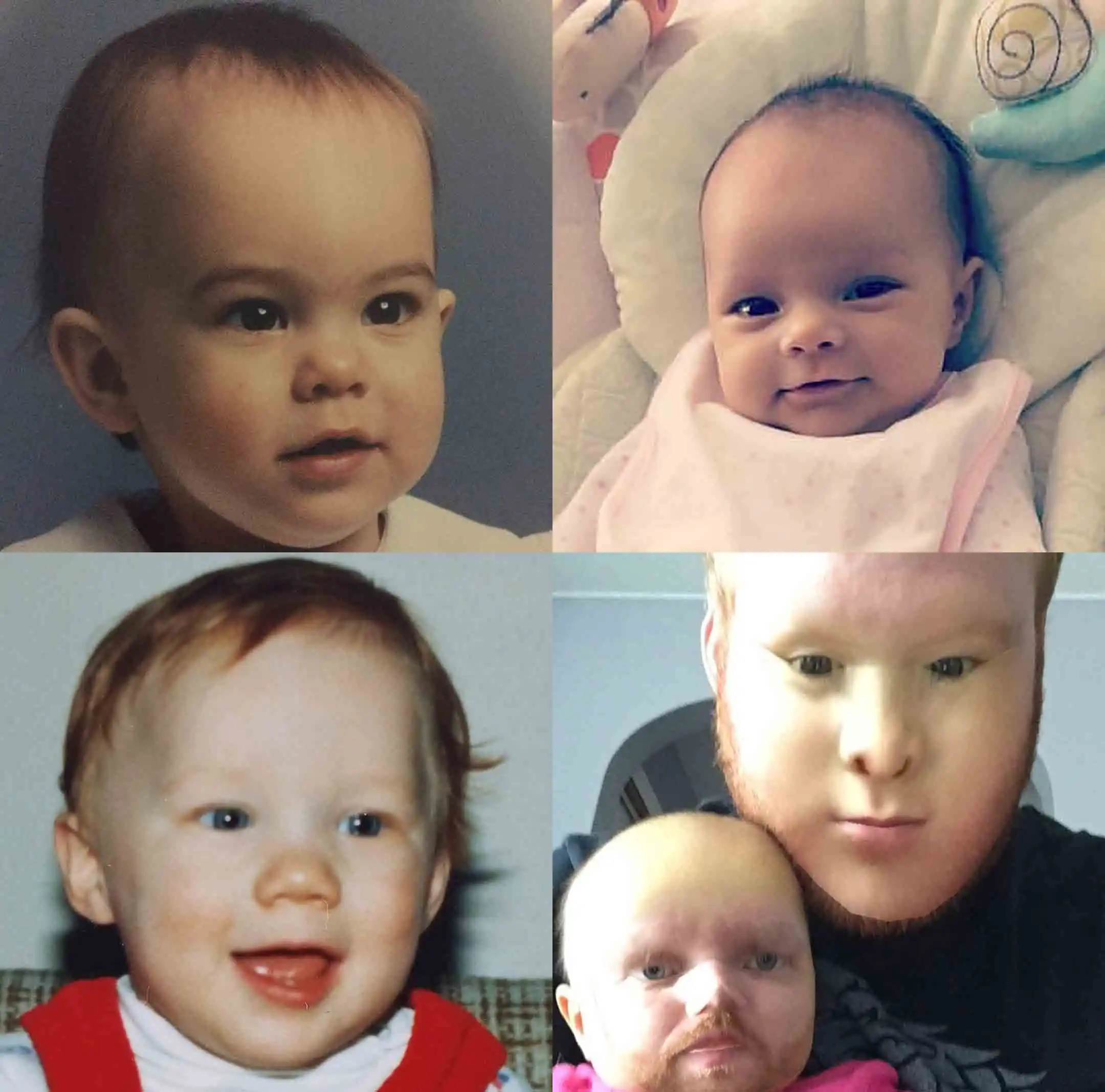 Side by side comparisons of baby Isla vs me as well as Katie